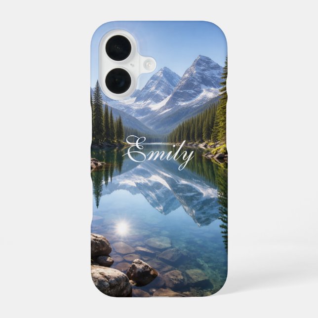 Coque iPhone 16 Serene Mountain Lake Landscape Personalized Name  (Verso)
