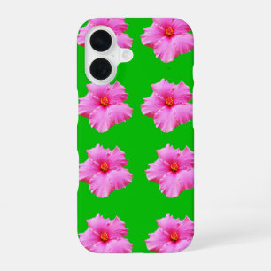 Coque iPhone 16 "Sérénité pétale : Hibiscus rose sur toile verte