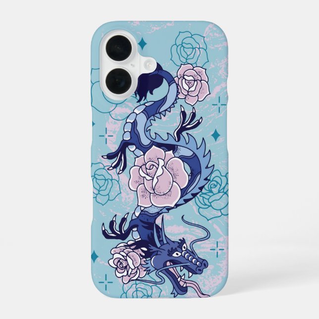 Coque iPhone 16 Serpent céleste - Dragon bleu floral (Verso)