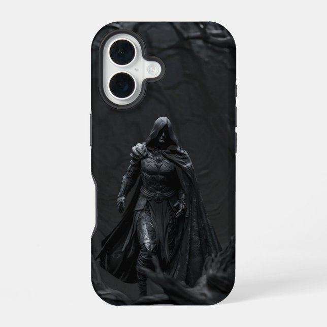 Coque iPhone 16 Shadow Walker - Guerrier à capuche (Verso)
