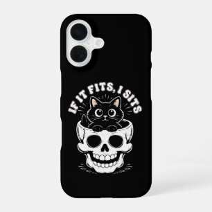 Coque iPhone 16 Si ça rentre, je m'assieds Crâne de chat noir Mème
