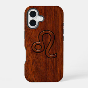 Coque iPhone 16 Signe du zodiaque Lion dans le style bois d'acajou