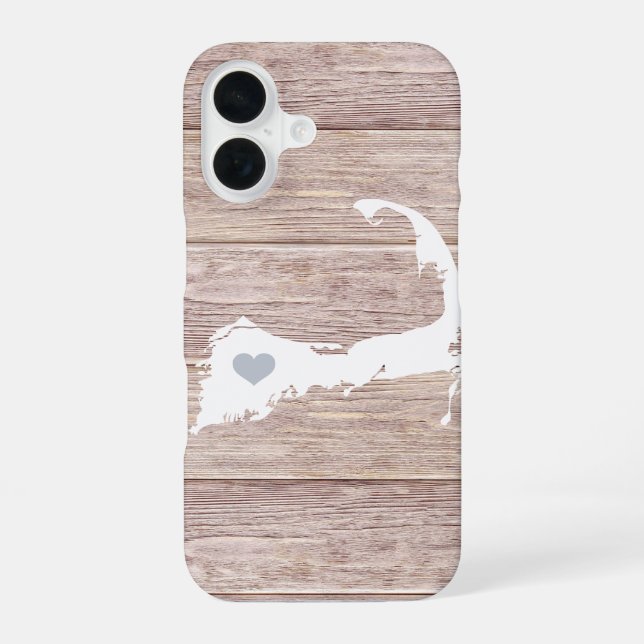 Coque iPhone 16 Silhouette de Cape Cod aspect bois rustique (Verso)