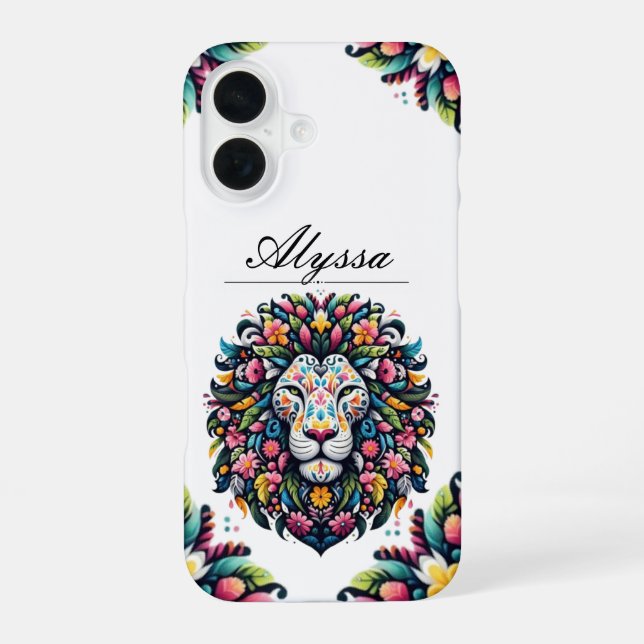 Coque iPhone 16 Silhouette de Lion Floral (Verso)