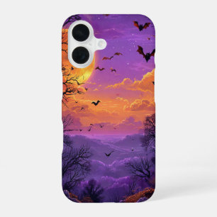 Coque iPhone 16 Silhouette de manoir hanté avec chauves-souris
