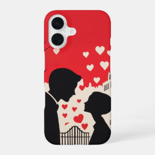 Coque iPhone 16 Silhouette romantique Couple Coeurs Cityscape