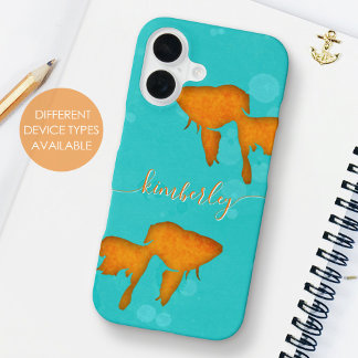 Coque iPhone 16 Silhouettes de poissons rouges orange Eau turquois