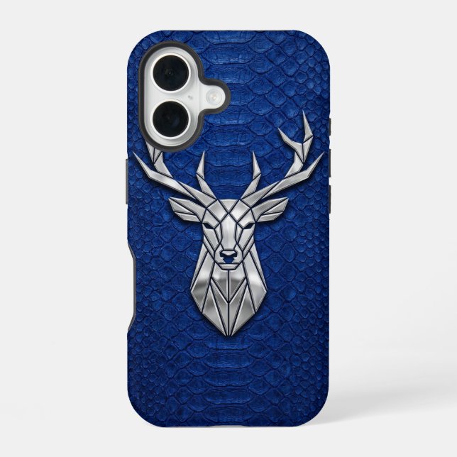 Coque iPhone 16 Silver Chrome Geometric Deer Blue Python iPhone (Verso)