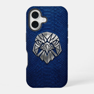 Coque iPhone 16 Silver Chrome Geometric Eagle Head Blue Python