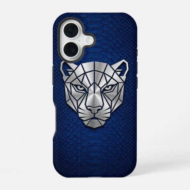 Coque iPhone 16 Silver Chrome Geometric Panther Blue Python iPhone (Verso)