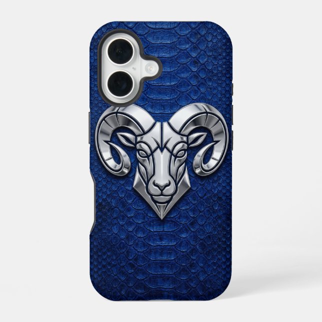 Coque iPhone 16 Silver Chrome Géométrique Ram Blue Python iPhone (Verso)