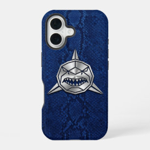 Coque iPhone 16 Silver Chrome Géométrique Requin Blue Python iPhon