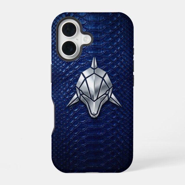 Coque iPhone 16 Silver Chrome Géométrique Requin Blue Python iPhon (Verso)