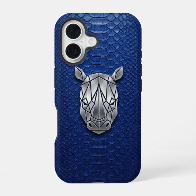 Coque iPhone 16 Silver Chrome Géométrique Rhinocéros Blue Python i (Verso)