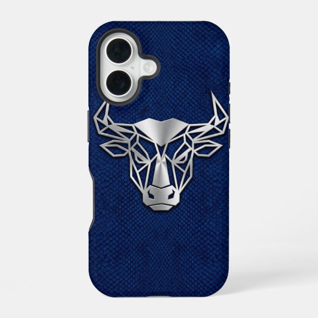 Coque iPhone 16 Silver Chrome Géométrique Taureau Bleu Python iPho (Verso)