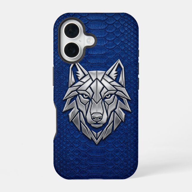 Coque iPhone 16 Silver Geometric Wolf Blue Snakeskin iPhone (Verso)