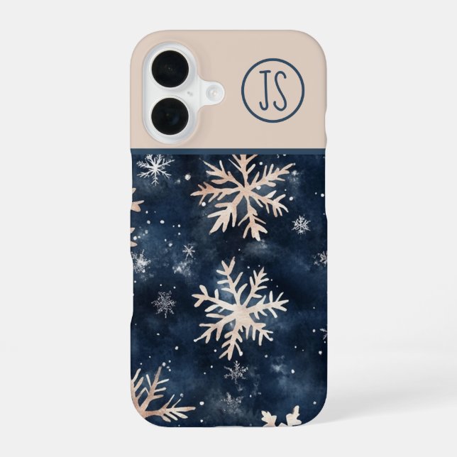 Coque iPhone 16 Simple Bleu foncé avec Monogramme Flocons de neige (Verso)