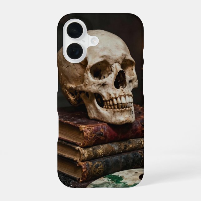 Coque iPhone 16 Skull on Old Books Dark Academia Case (Verso)