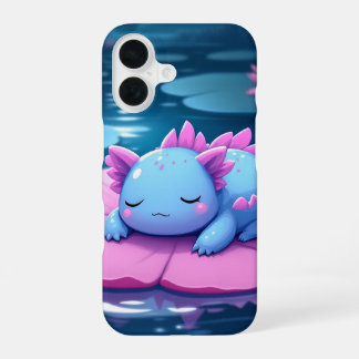 Coque iPhone 16 Sleepy Axolotl on Lily Pad Kawaii Case