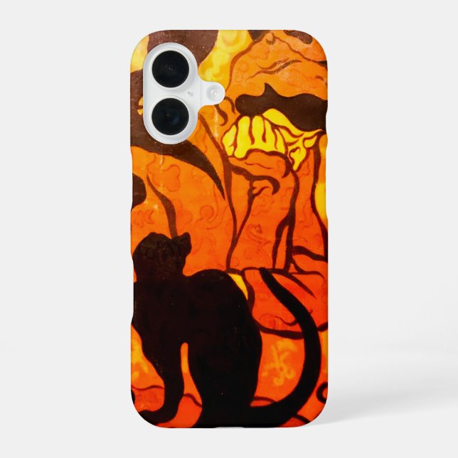 Coque iPhone 16 Sorcière d'Halloween avec un chat noir (Verso)