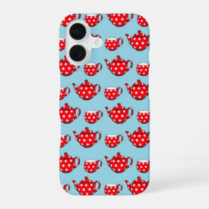Coque iPhone 16 Spotty Red Teapot et tasses Motif bleu