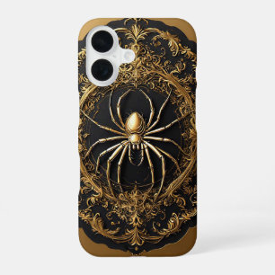 Coque iPhone 16 Statue d'araignée dorée sur design de filigrane or