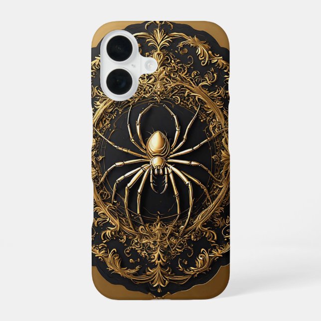 Coque iPhone 16 Statue d'araignée dorée sur design de filigrane or (Verso)
