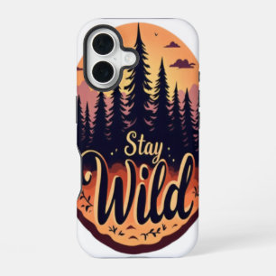 Coque iPhone 16 Stay Wild : Illustration de la forêt du coucher du