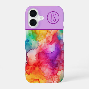 Coque iPhone 16 Style Abstrait d'encre d'alcool Rainbow Monogramme
