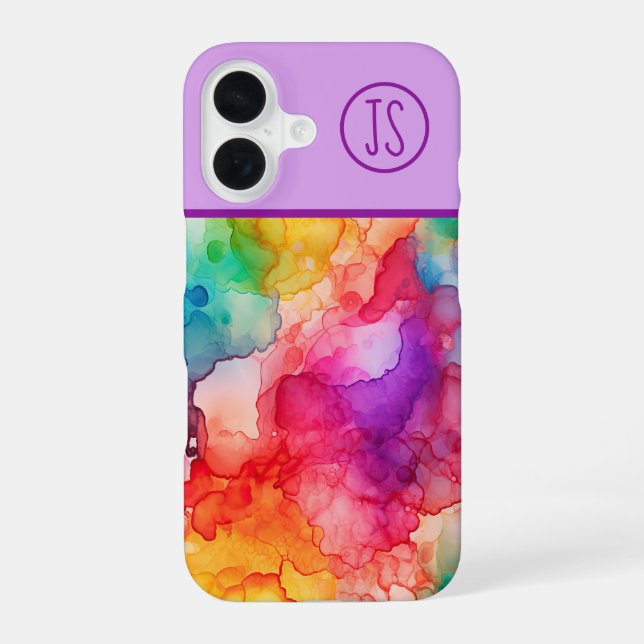 Coque iPhone 16 Style de lettre monogrammée arc-en-ciel à l'encre  (Verso)