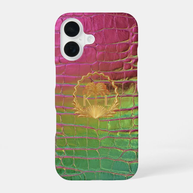 Coque iPhone 16 Stylish Pink Green Iridescent Croc Monogram  (Verso)