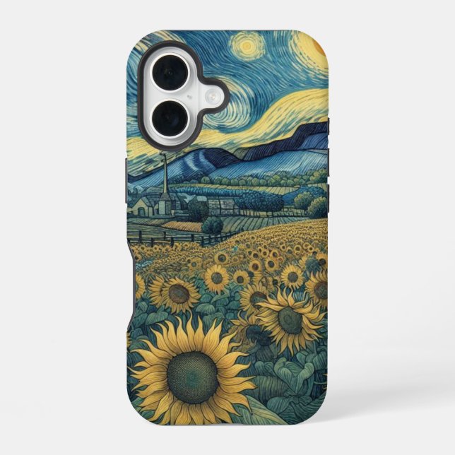 Coque iPhone 16 Sunflower Meadow in the Starry Night (Verso)