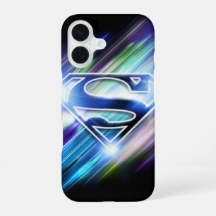 Coque iPhone 16 Superman stylisé Logo éclatant bleu brillant