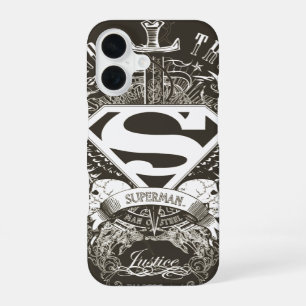 Coque iPhone 16 Superman stylisé Logo Honneur, Vérité et Justice
