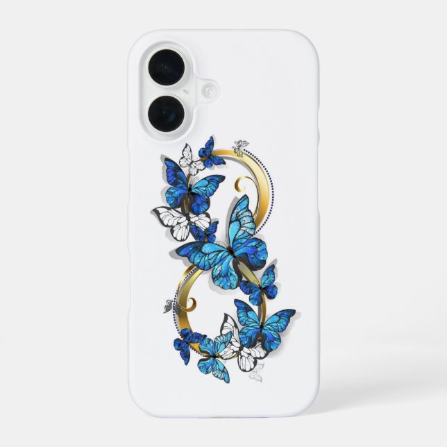 Coque iPhone 16 Symbole infini de papillons Morpho bleus (Verso)