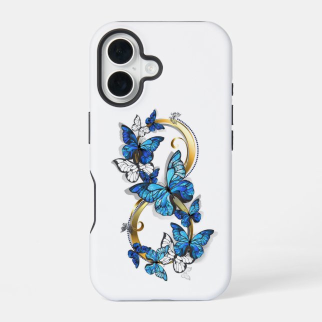 Coque iPhone 16 Symbole infini de papillons Morpho bleus (Verso)