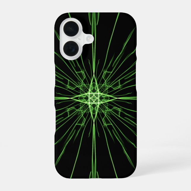 Coque iPhone 16 Symétrie noire Abstraite en néon vert (Verso)