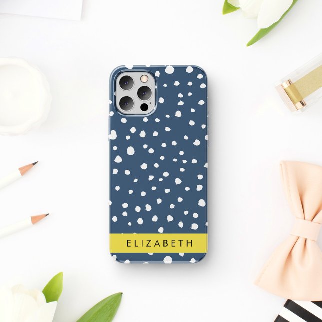 Coque iPhone 16 Taches de dalmatien bleu marine, Points, Tachetés, (Créateur téléchargé)