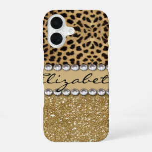 Coque iPhone 16 Taches de léopard Or Paillettes Strass PHOTO IMPRI