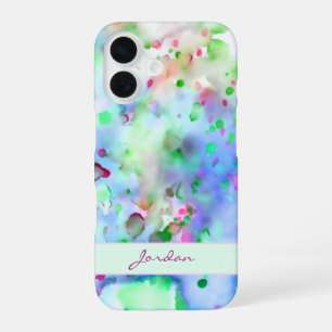 Coque iPhone 16 Taches de peinture aquarelle violettes et vertes a