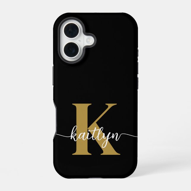 Coque iPhone 16 Tapis de sol monogrammé en noir et or (Verso)