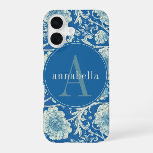 Coque iPhone 16 Tapisserie Vintage Bleu William Morris Monogramme