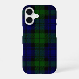 Coque iPhone 16 Tartan Black Watch bleu vert carreaux