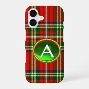 COQUE iPhone 16 TARTAN ÉCOSSAIS ROUGE ET MONOGRAMME DE GEMME VERTE