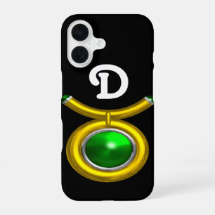 COQUE iPhone 16 TAUREAU /OR,ÉMERALDE VERTE ZODIAQUE JOYAU MONOGRAM