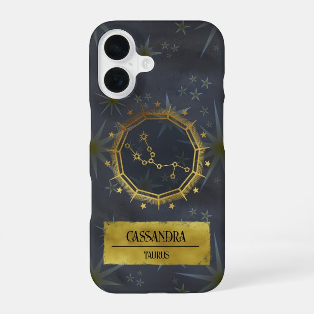 Coque iPhone 16 Taurus Dark Zodiac Astrologie : Noir & Or (Verso)