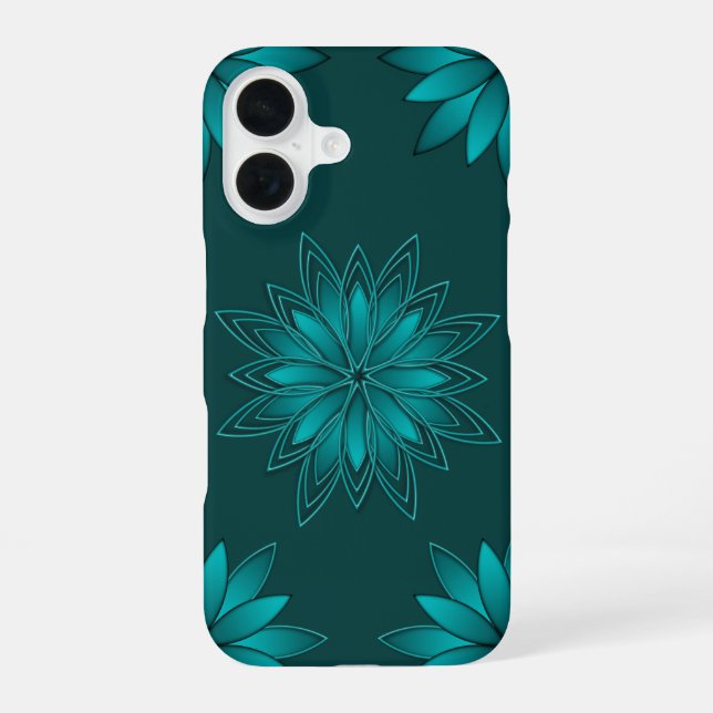 Coque iPhone 16 Teal Leaf Mandala Design on Dark Cyan (Verso)