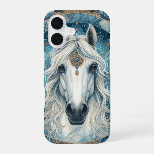 Coque iPhone 16 Tête de cheval blanc majestueux élégant à la crini
