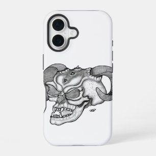 Coque iPhone 16 Tête de crâne de diable Dessin noir et blanc