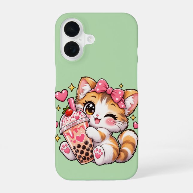 Coque iPhone 16 Thé aux perles chat calico Kawaii clignant fraise  (Verso)